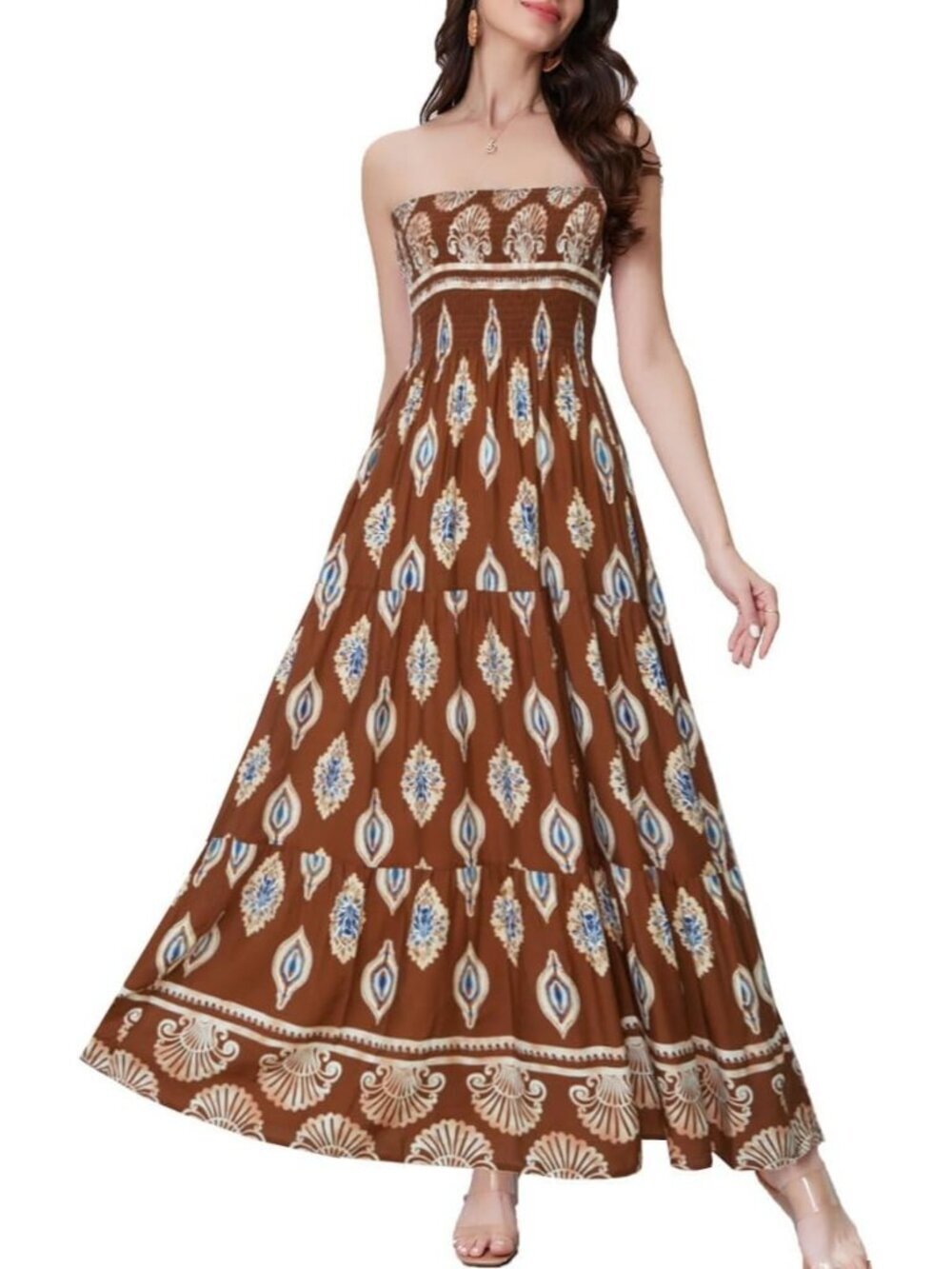Women's Brown Retro Pattern Tube Top Off Shoulder Boho Beach Long Maxi Dress